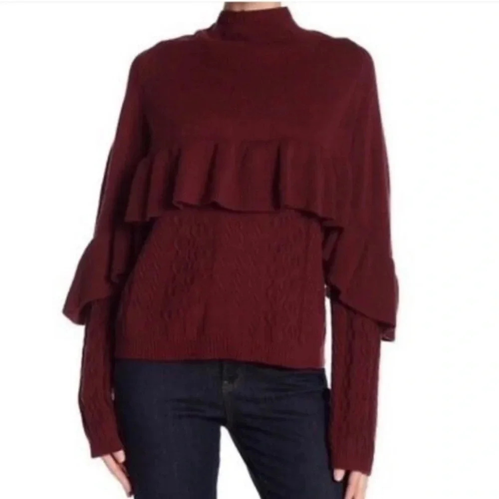 Naadam oversized burgundy/maroonMock Neck Long Sleeve Ruffled Sweater sz Medium